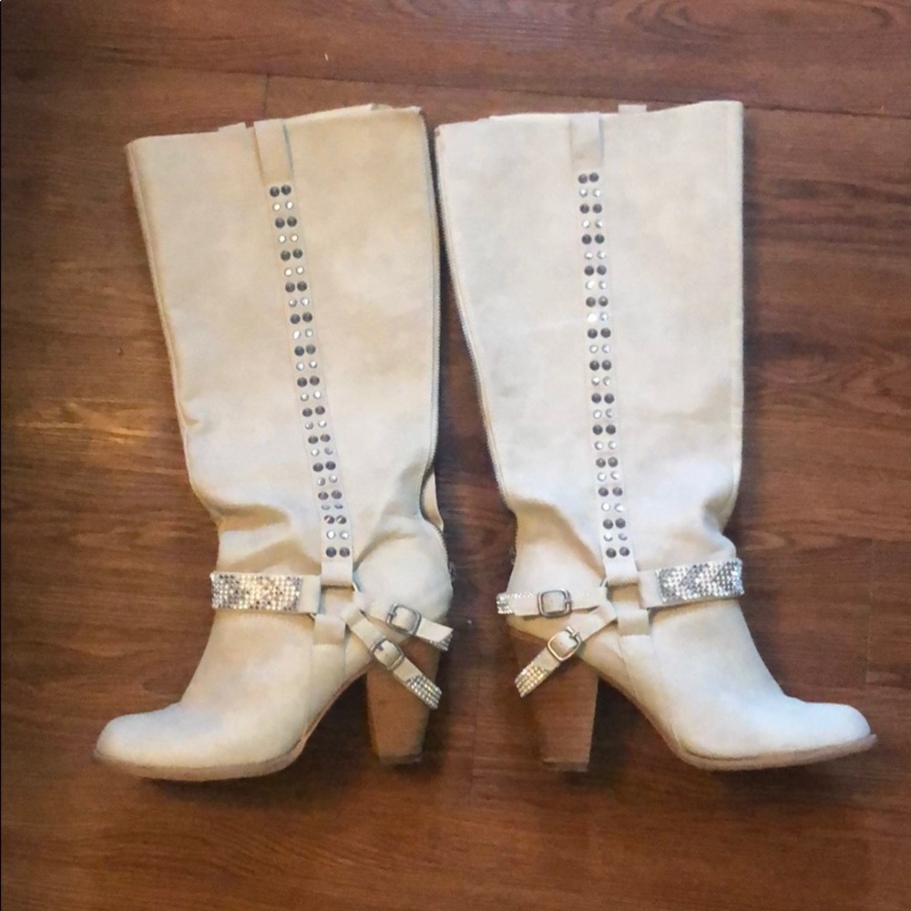 Cream Colored zip up boots with crystal detail